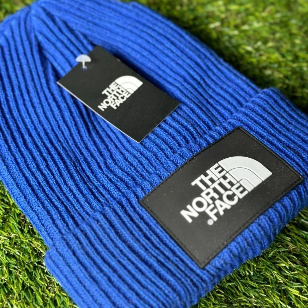 NWT The North Face TNF Logo Box Cuffed Knitted Beanie Blue - Picture 2 of 6